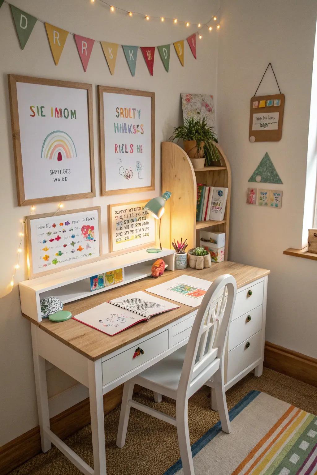 Tailored adornments render the desk space distinctively theirs.