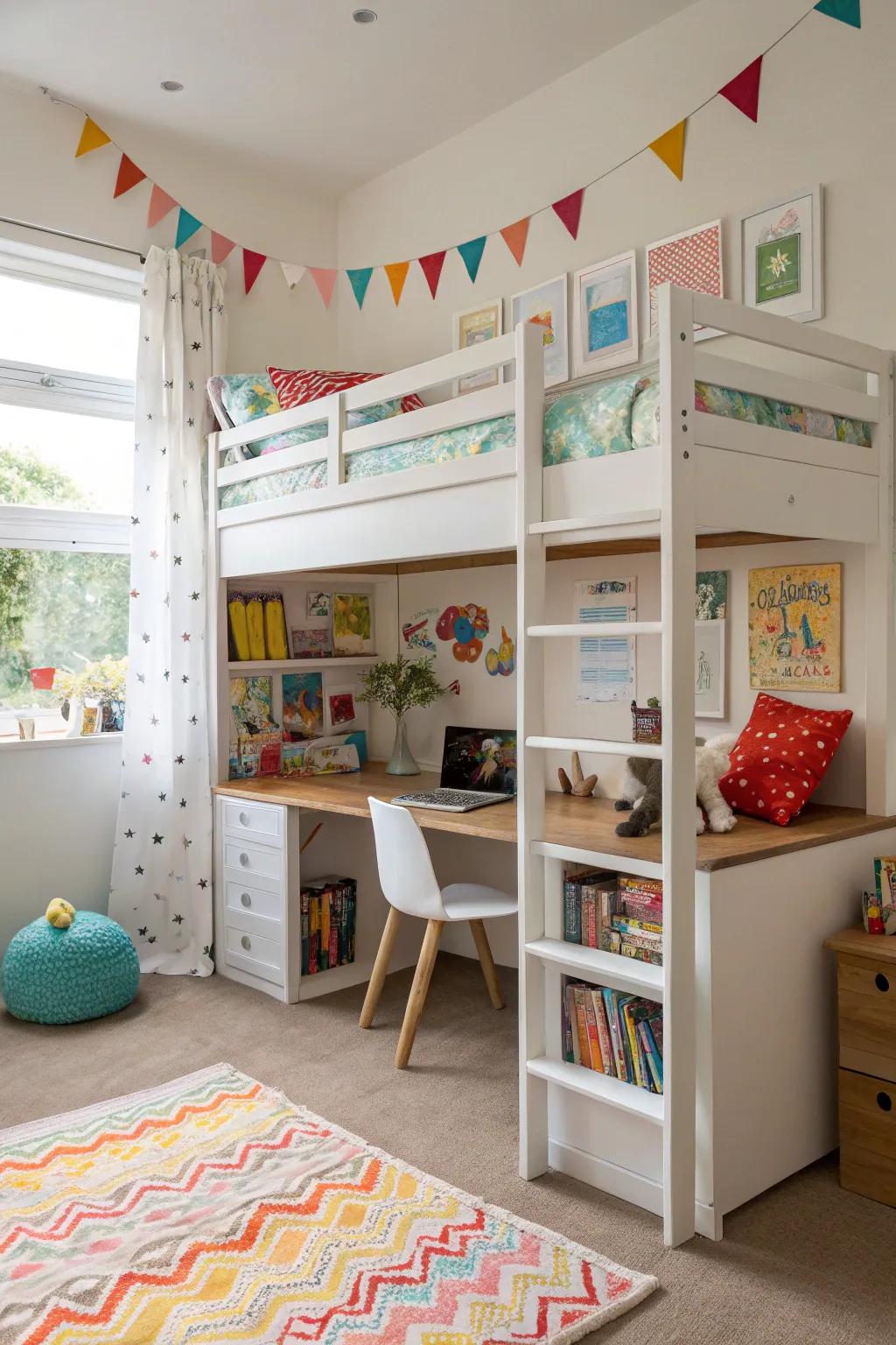 A bunk bed arrangement that cleverly leverages vertical space for both amusement and learning.