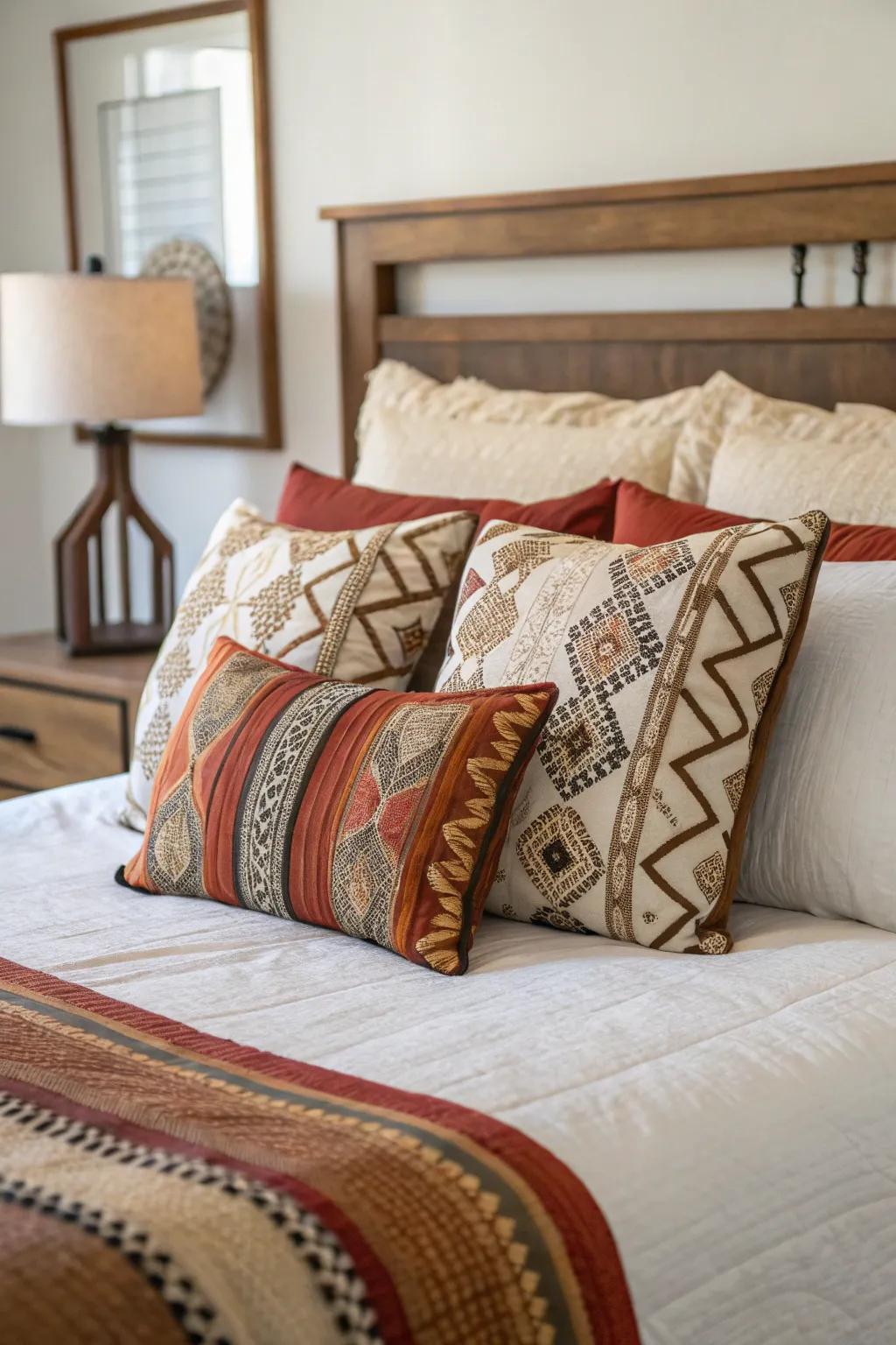 An assortment of pillows brings color and pattern to this king-size bed.