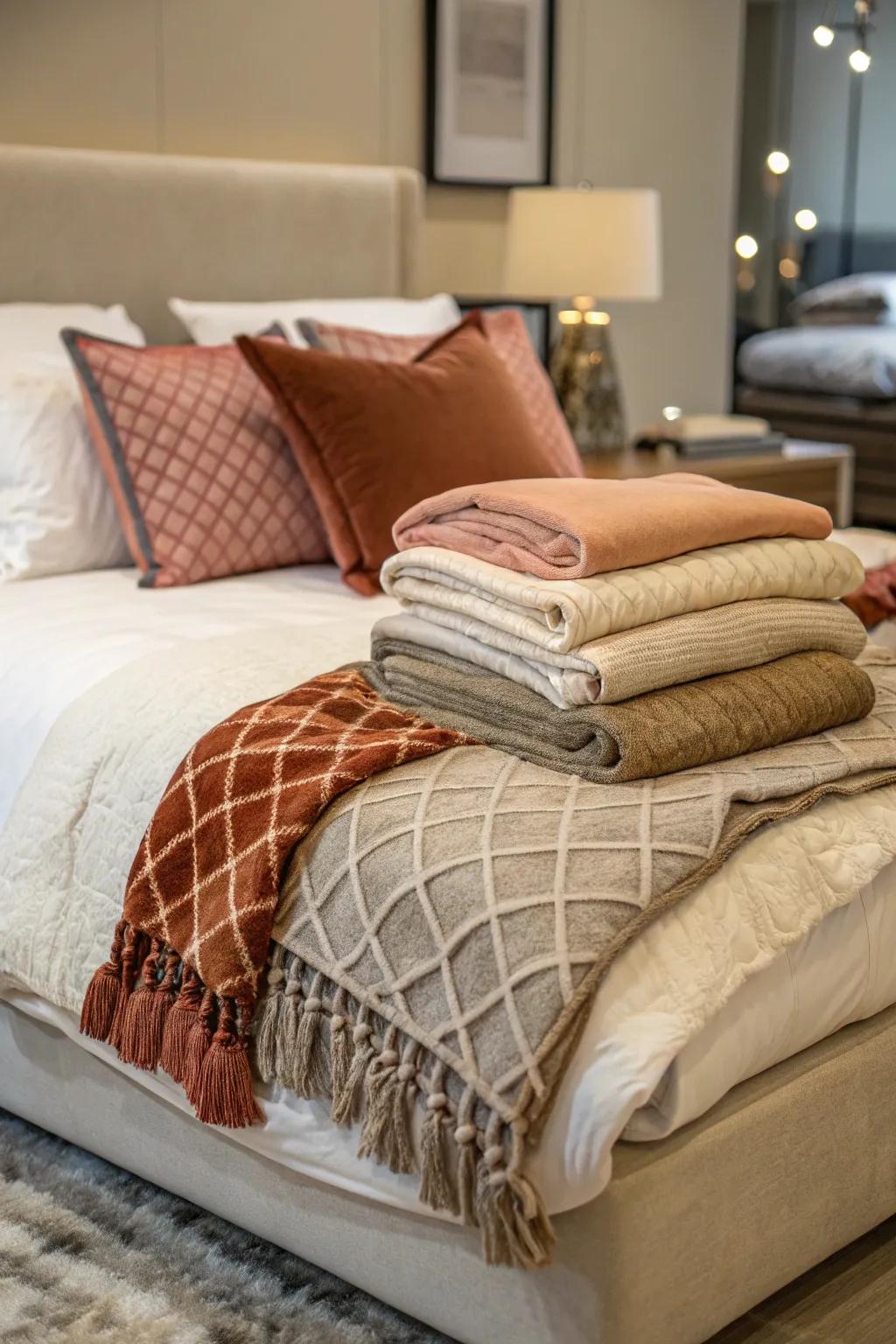 Layered bedding enhances comfort and visual appeal.