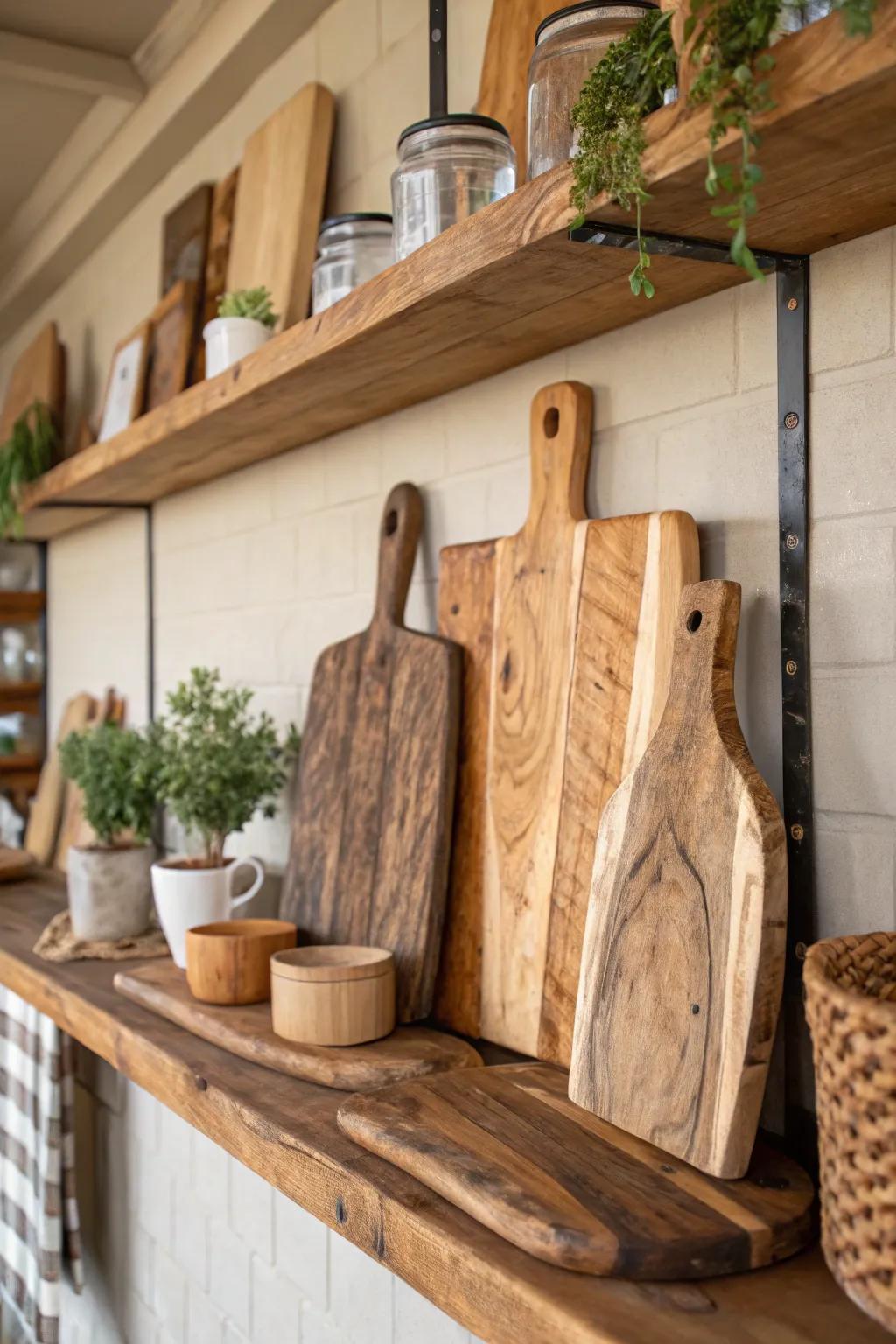 Raw-edged boards infuse a sense of rustic, countryside allure into the kitchen.