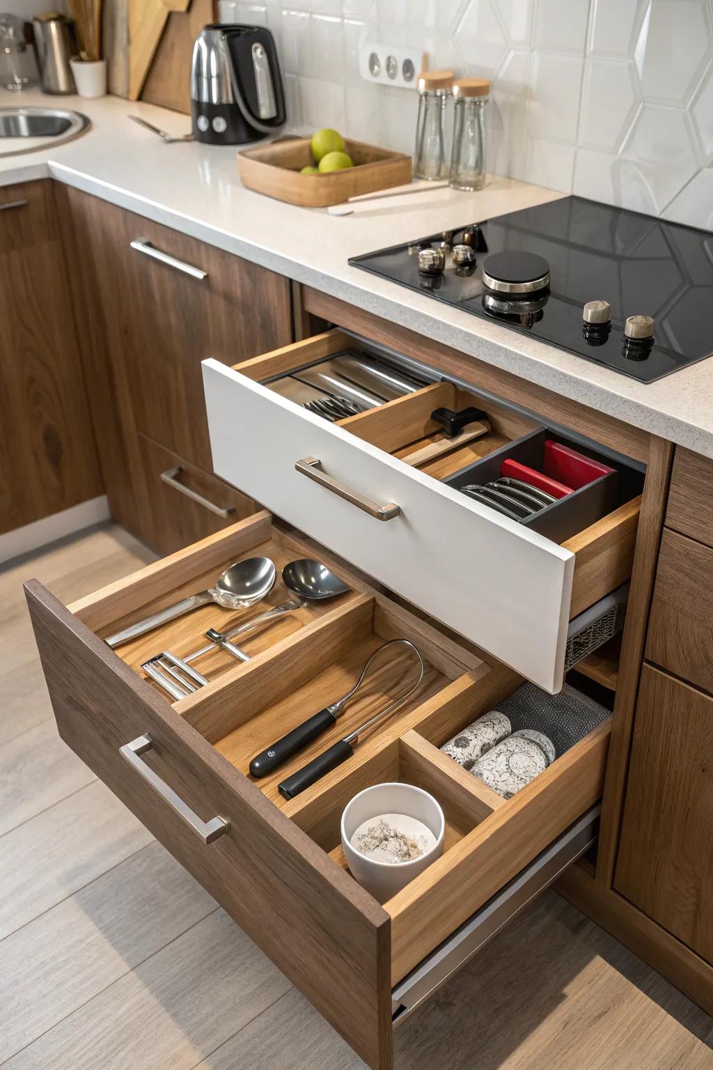 Slanted drawers deliver elegant and effective storage solutions.