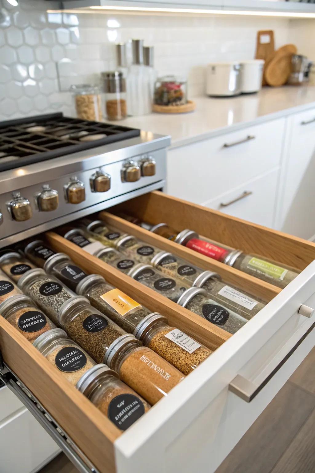 Sort your spices using labeled bottles for easy spotting and a touch of professionalism.