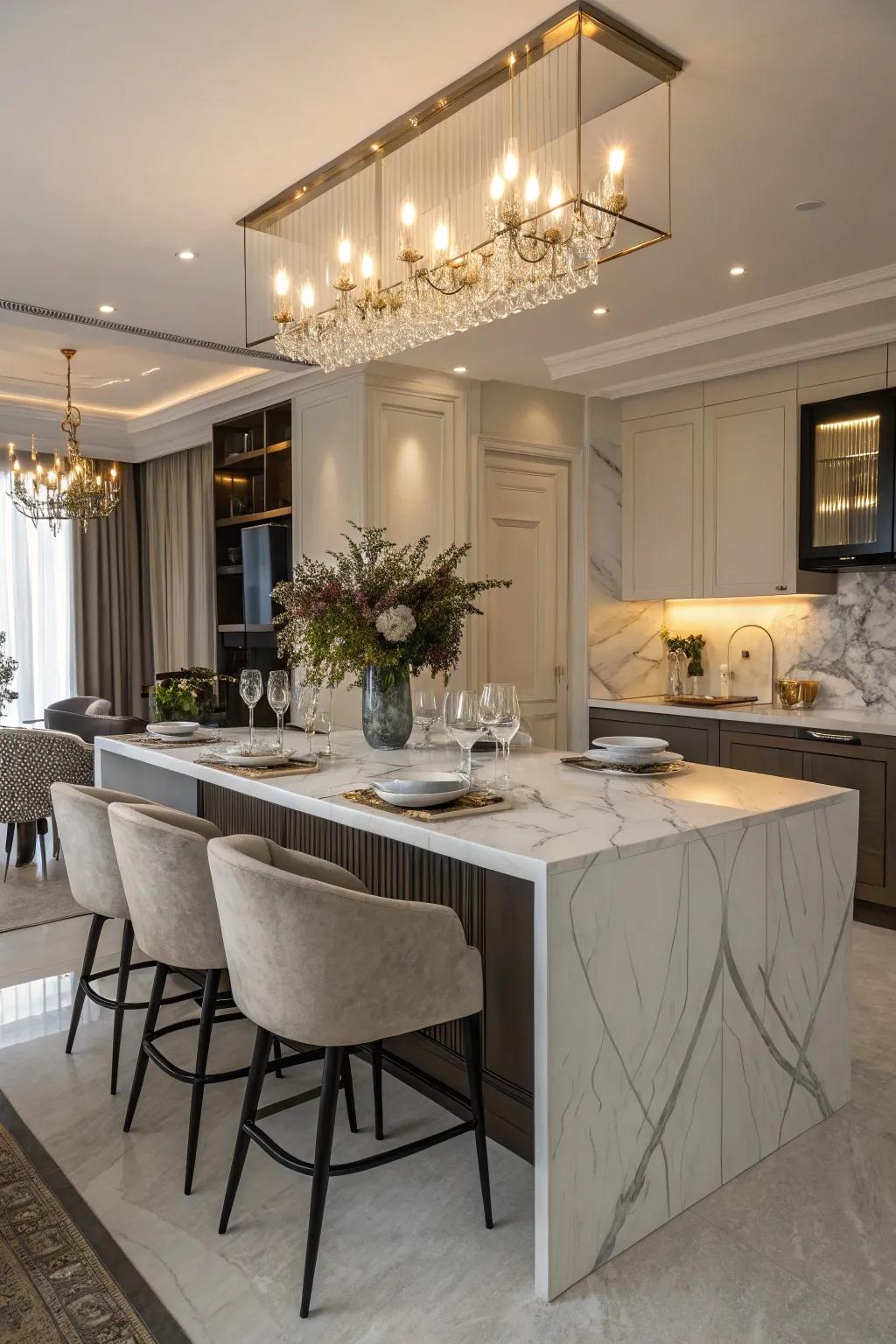 A polished stone island morphs into a sophisticated dining table.