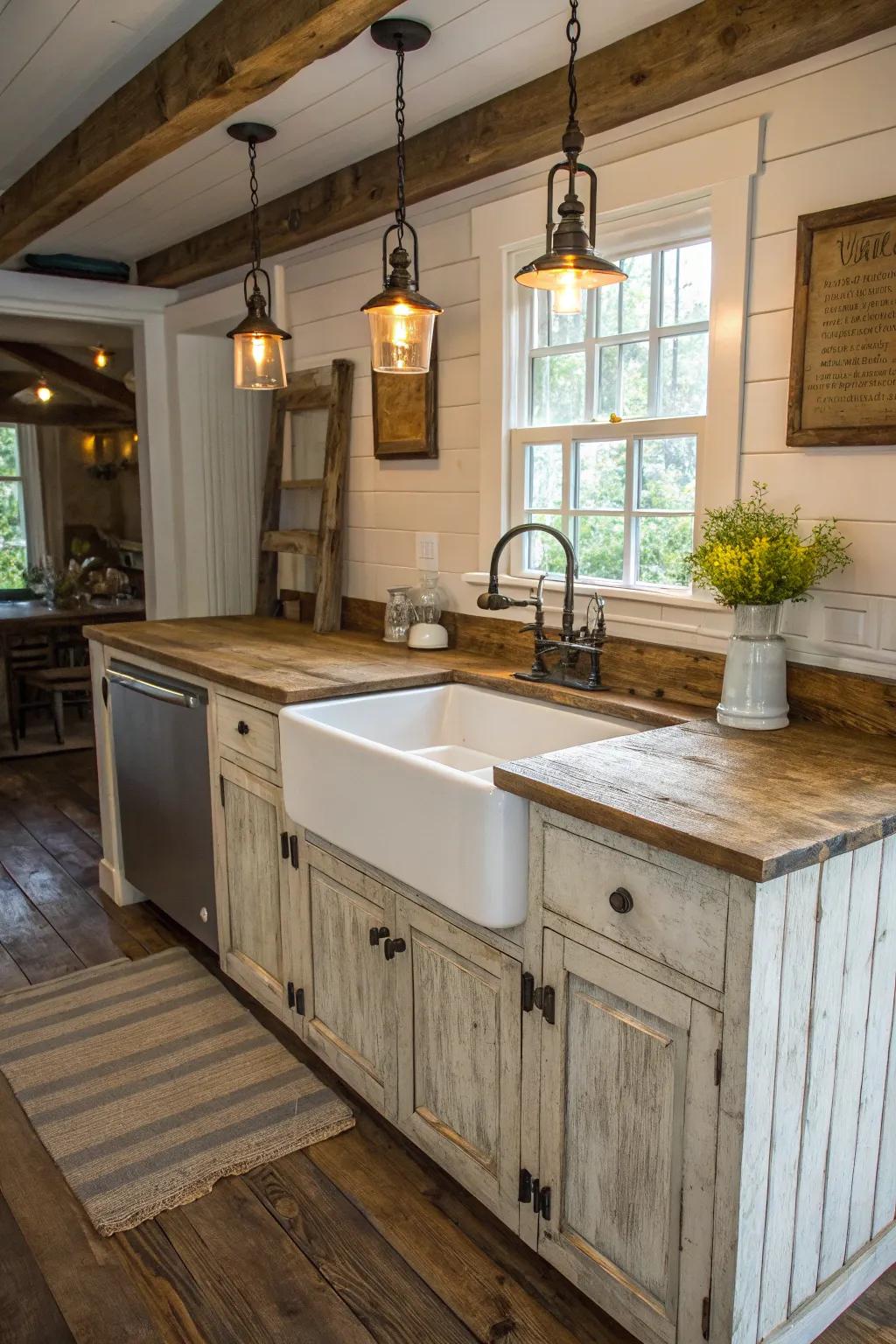 A rustic farmhouse kitchen island featuring an attractive apron-front sink.