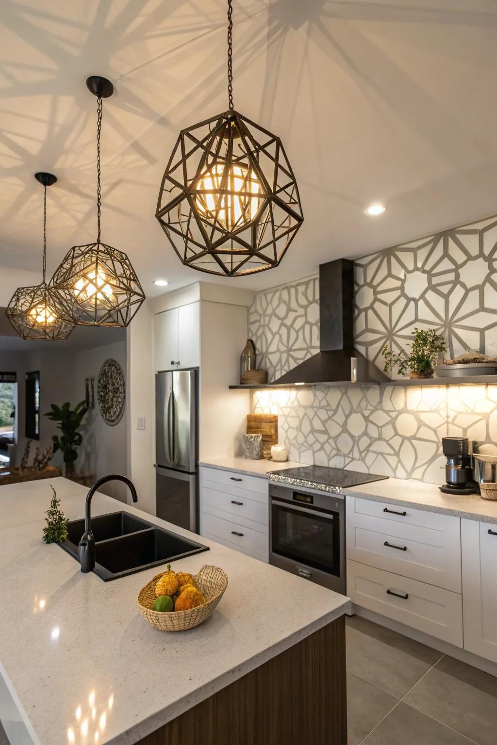 Geometric light fixtures function as exquisite ceiling ornamentation in this sophisticated kitchen.