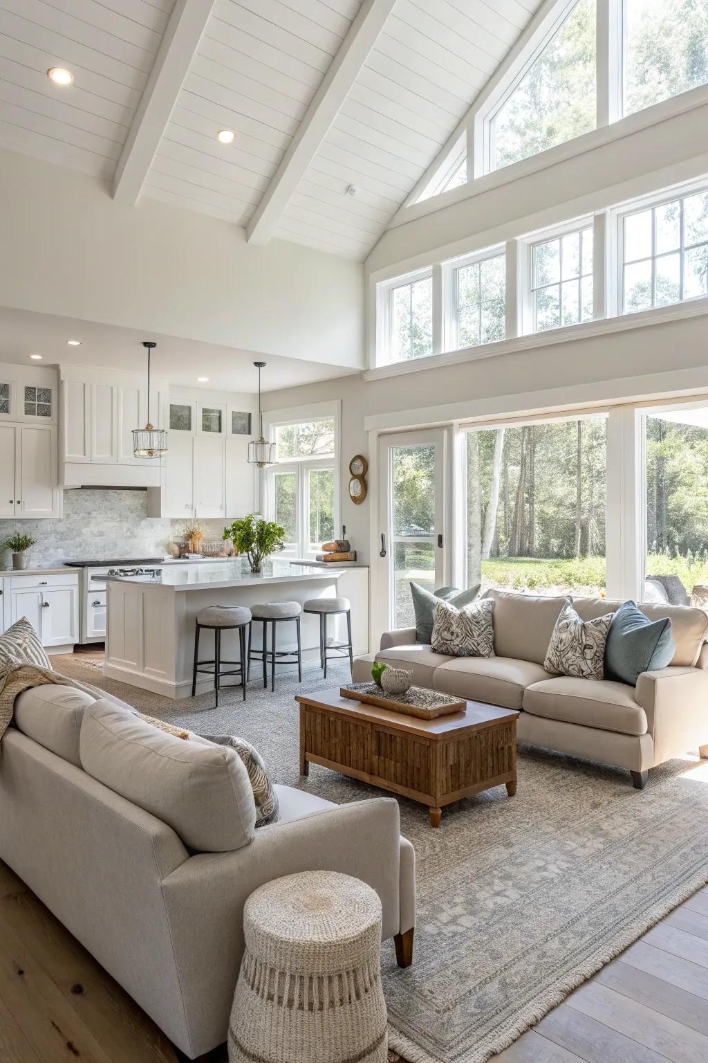 Light hues create an invigorating and expansive impression in this open-concept area.