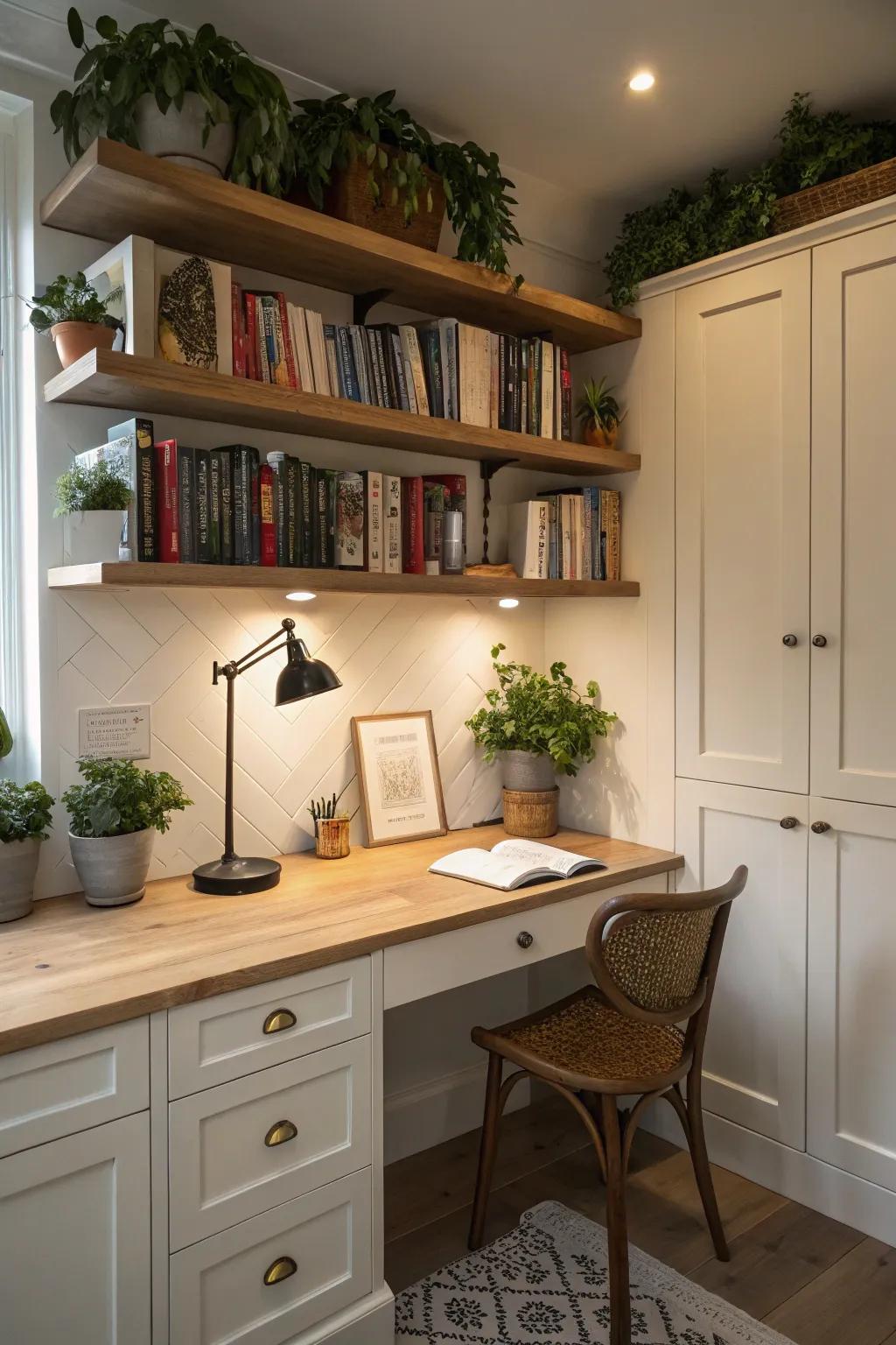 Built-in shelves offer both functionality and charm to your kitchen office nook.