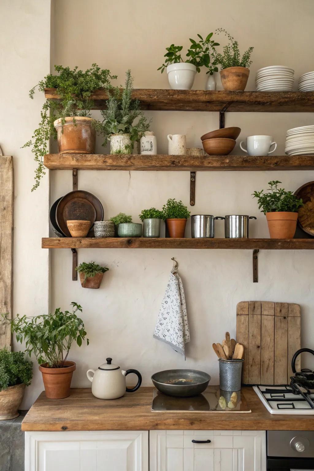 Country wood shelves enhance the ambiance and appeal.