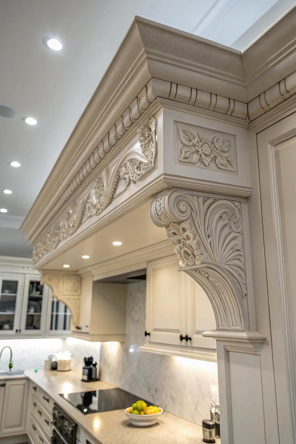 The kitchen soffit is enhanced with decorative moldings, lending it an elegant feel.