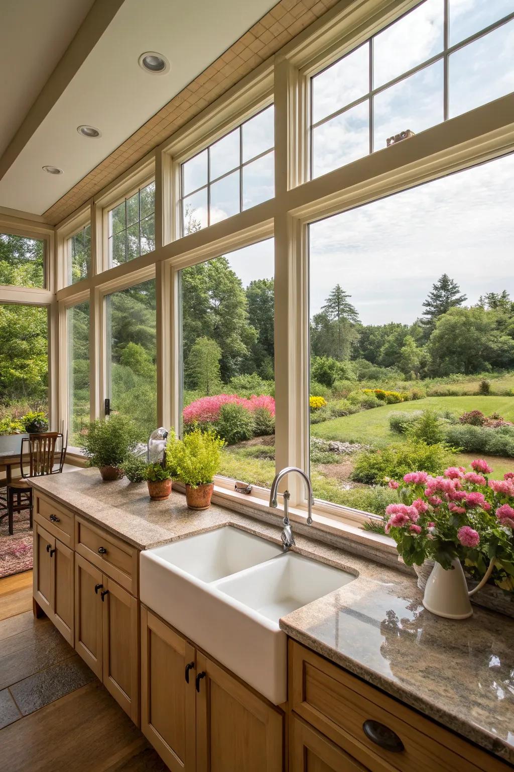 A kitchen adorned with expansive windows showcasing a breathtaking garden scene.