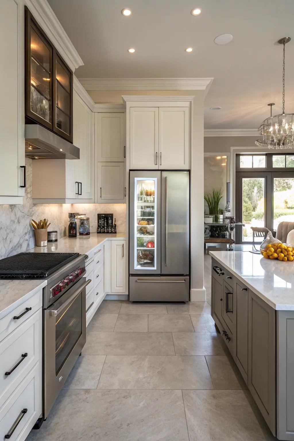 A sophisticated kitchen highlights a side-by-side refrigerator, merging extensive storage with refined aesthetics.