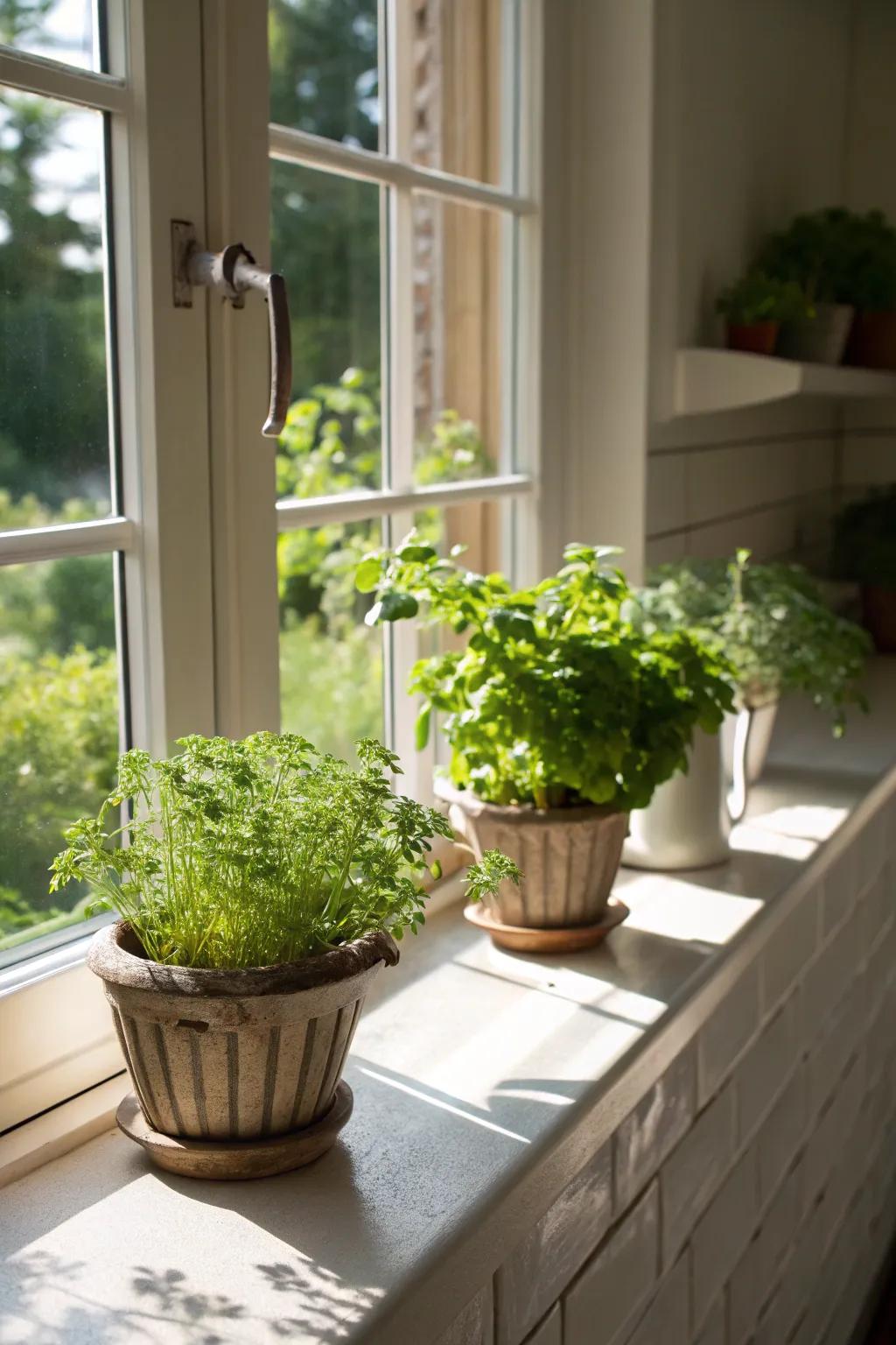 Utilize your window ledges to nurture a flourishing herb garden.