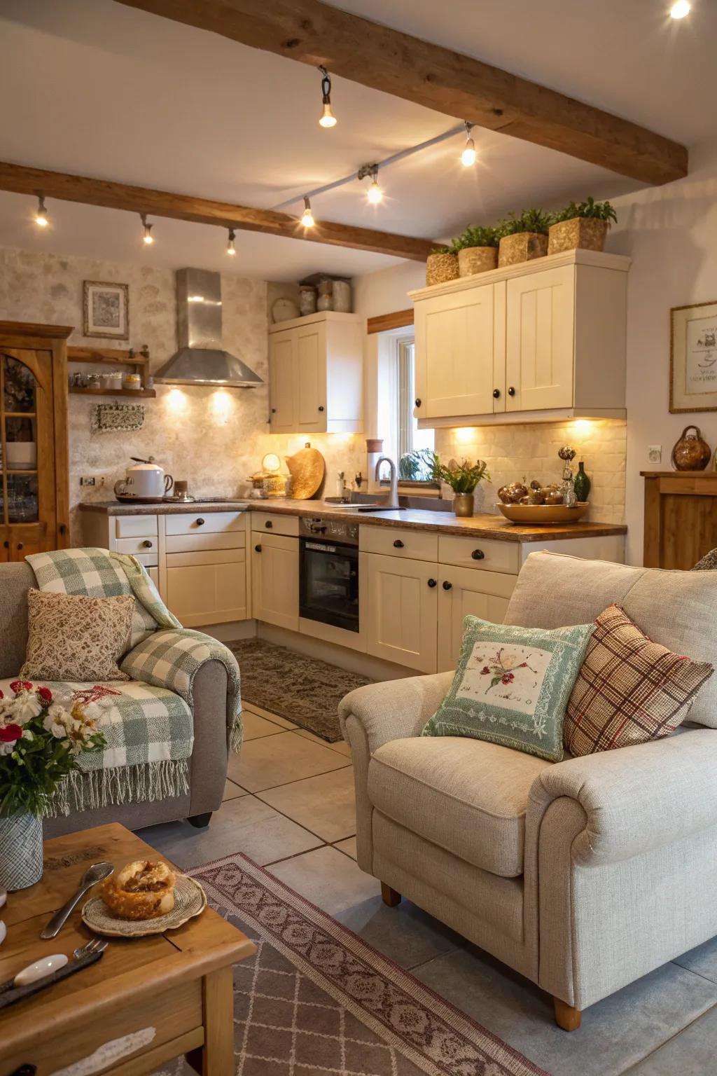 A cooking area featuring comfortable seating through a settee and lounge chairs, ideal for unwinding.