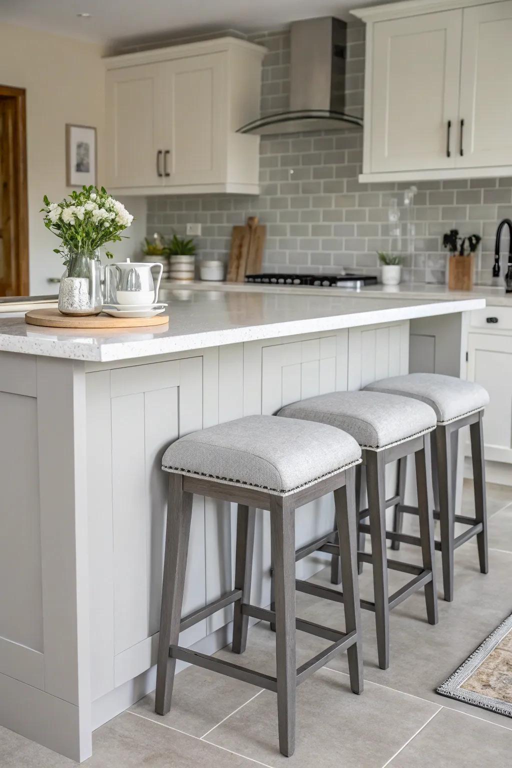 A breakfast bar rendered in neutral tones, harmonizing effortlessly with the kitchen’s overall design.