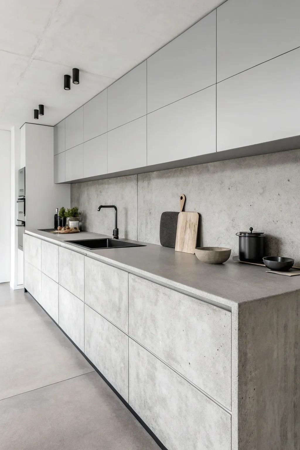 A minimalist kitchen featuring concrete worktops in a monochrome scheme.