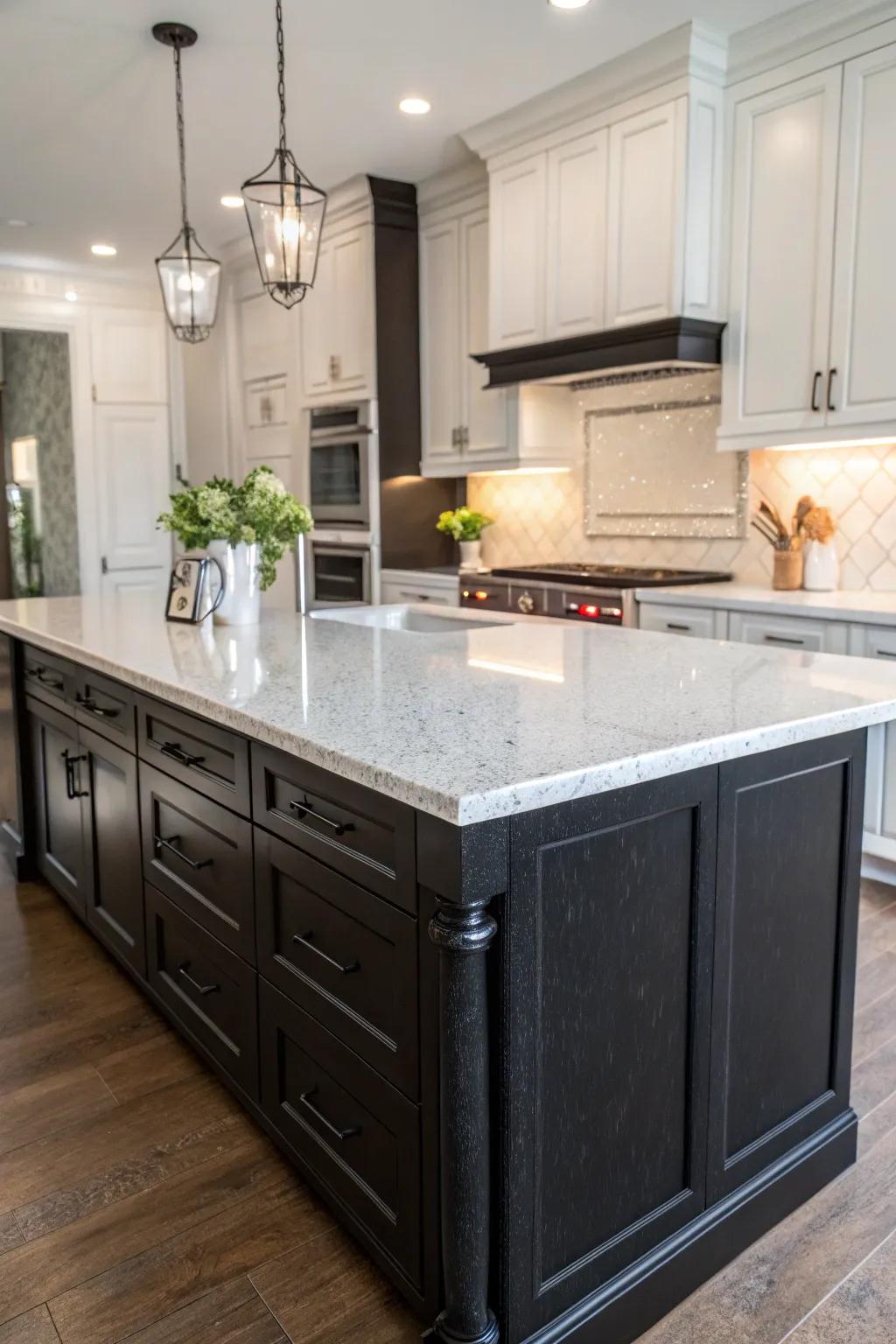A divergent island showcasing a dark base and luminous quartz surface.