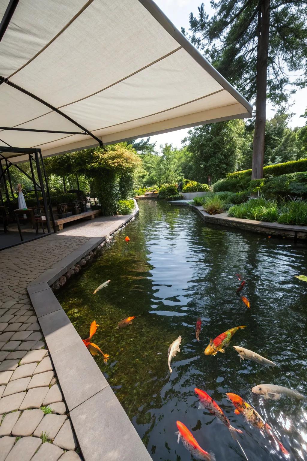A koi pond benefiting from an adjustable awning that provides dynamic shade.