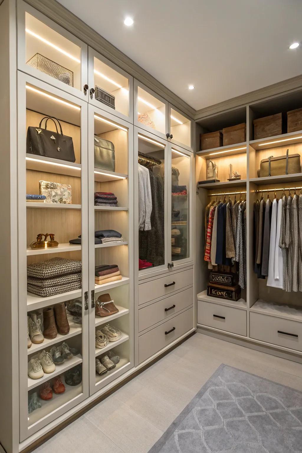Merge open and closed storage solutions for a closet that is both organized and stylish.