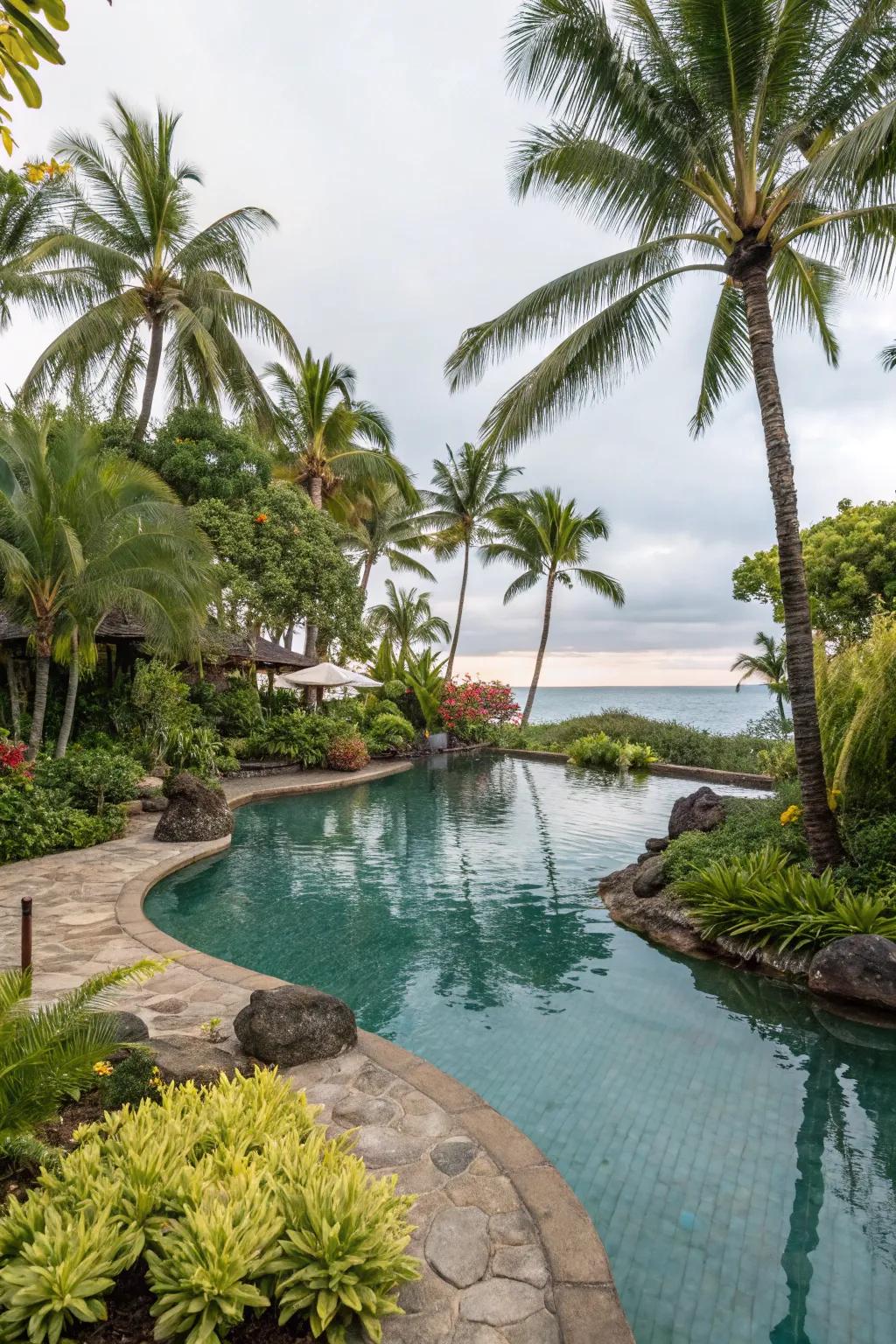 Abundant landscaping elevates the tropical essence of a lagoon pool.