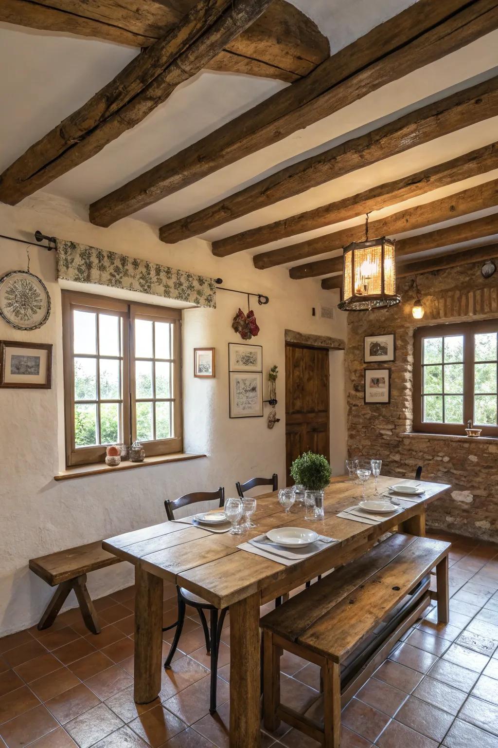 Wooden elements impart warmth and rustic allure to any dining space.