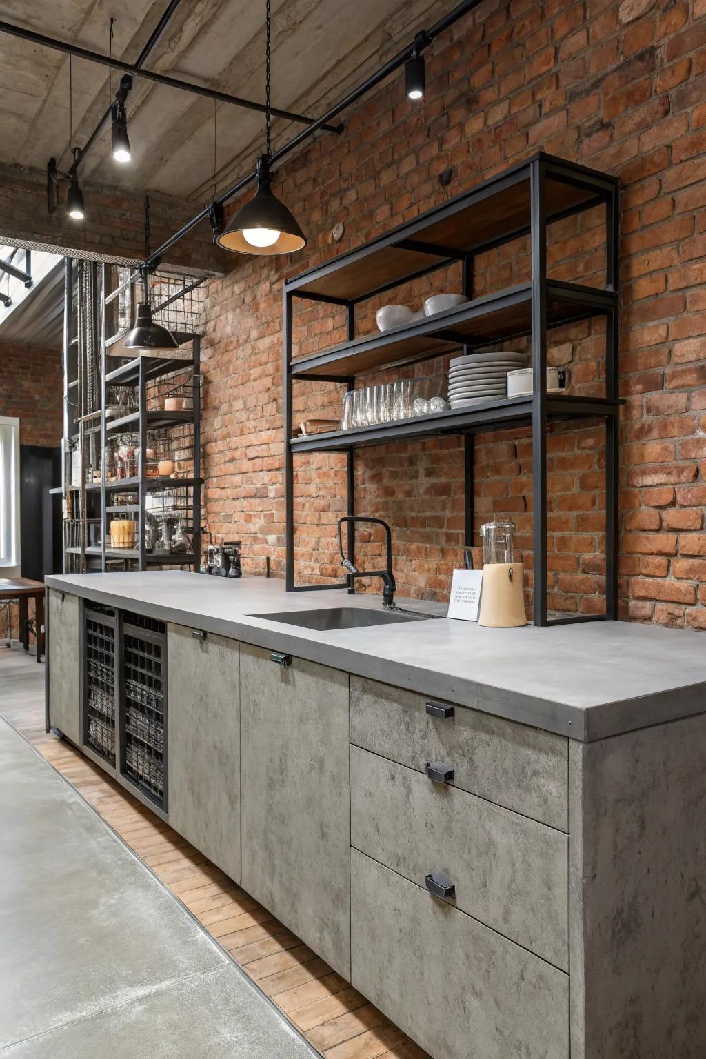 Cement-look composite creates a cutting-edge, industrial kitchen atmosphere.