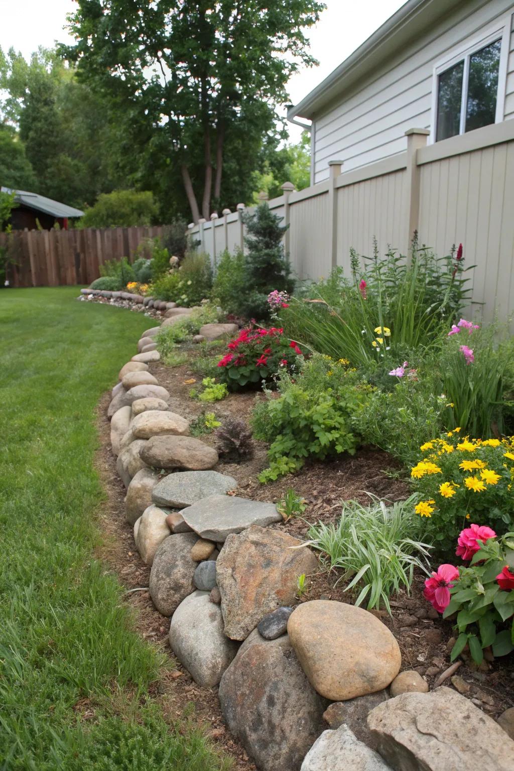 Stone and rock borders offer a natural and rustic garden allure.