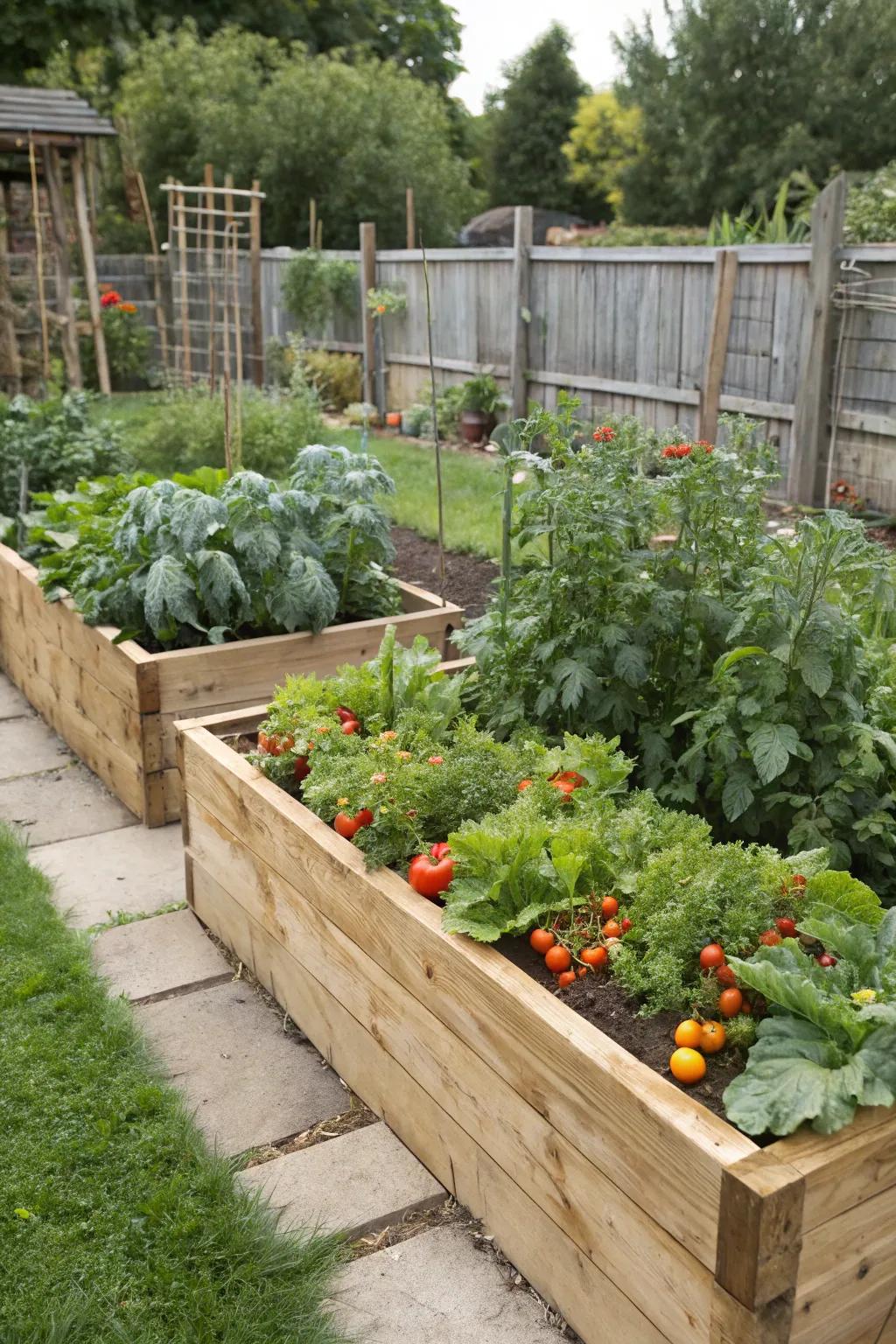 Raised beds built with log planks are perfect for homegrown veggies.