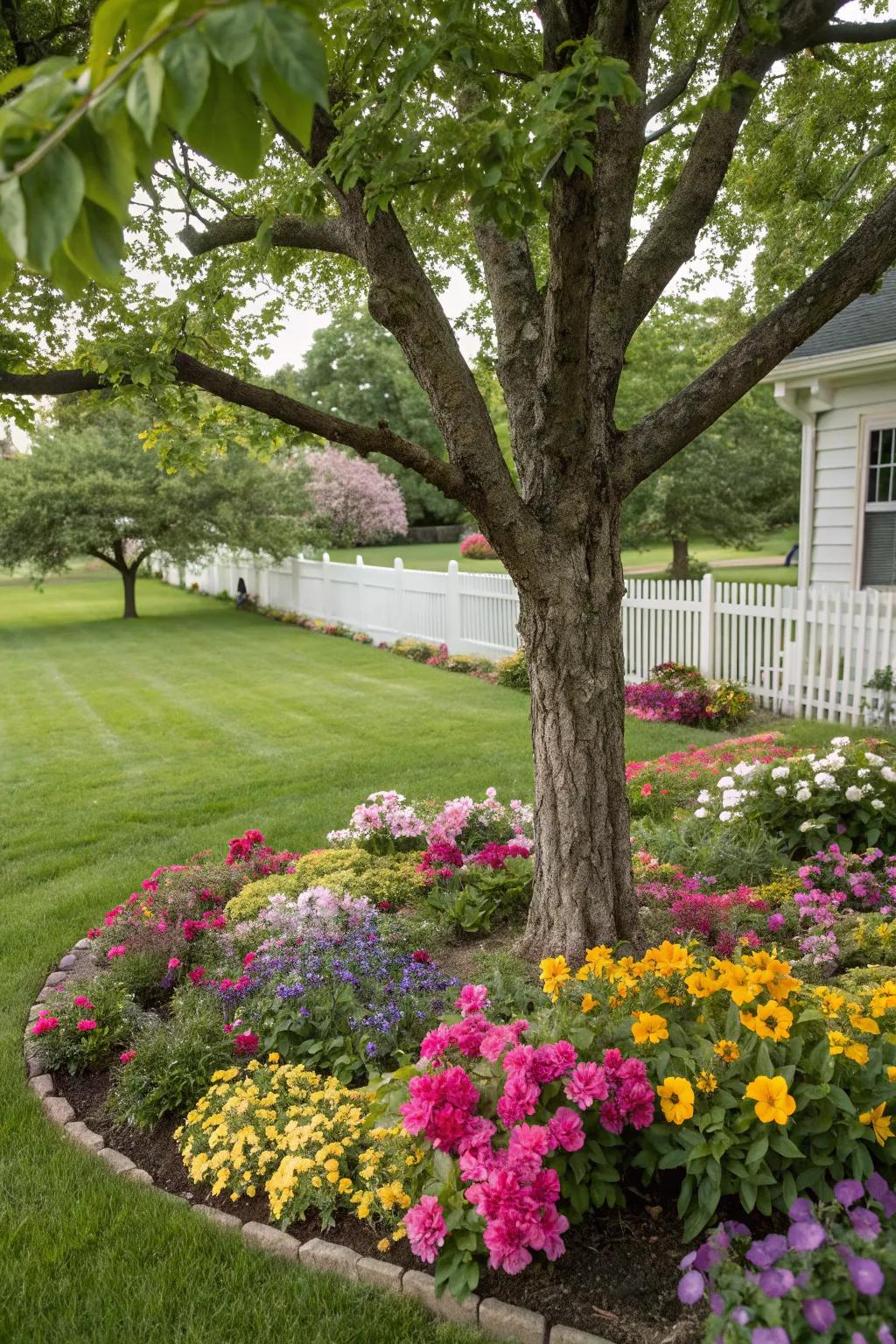 A tree surrounded by a lively blossom patch, adding a vibrant splash to the scenery.