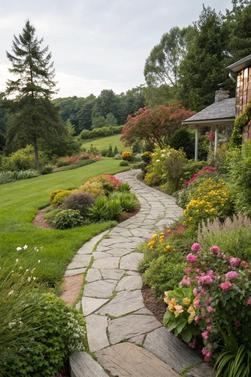 A gracefully meandering stone path extends a warm welcome to the front entrance.