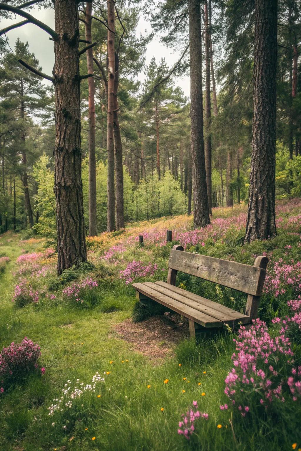 A picturesque bench nestled in a forest glade, inviting repose.