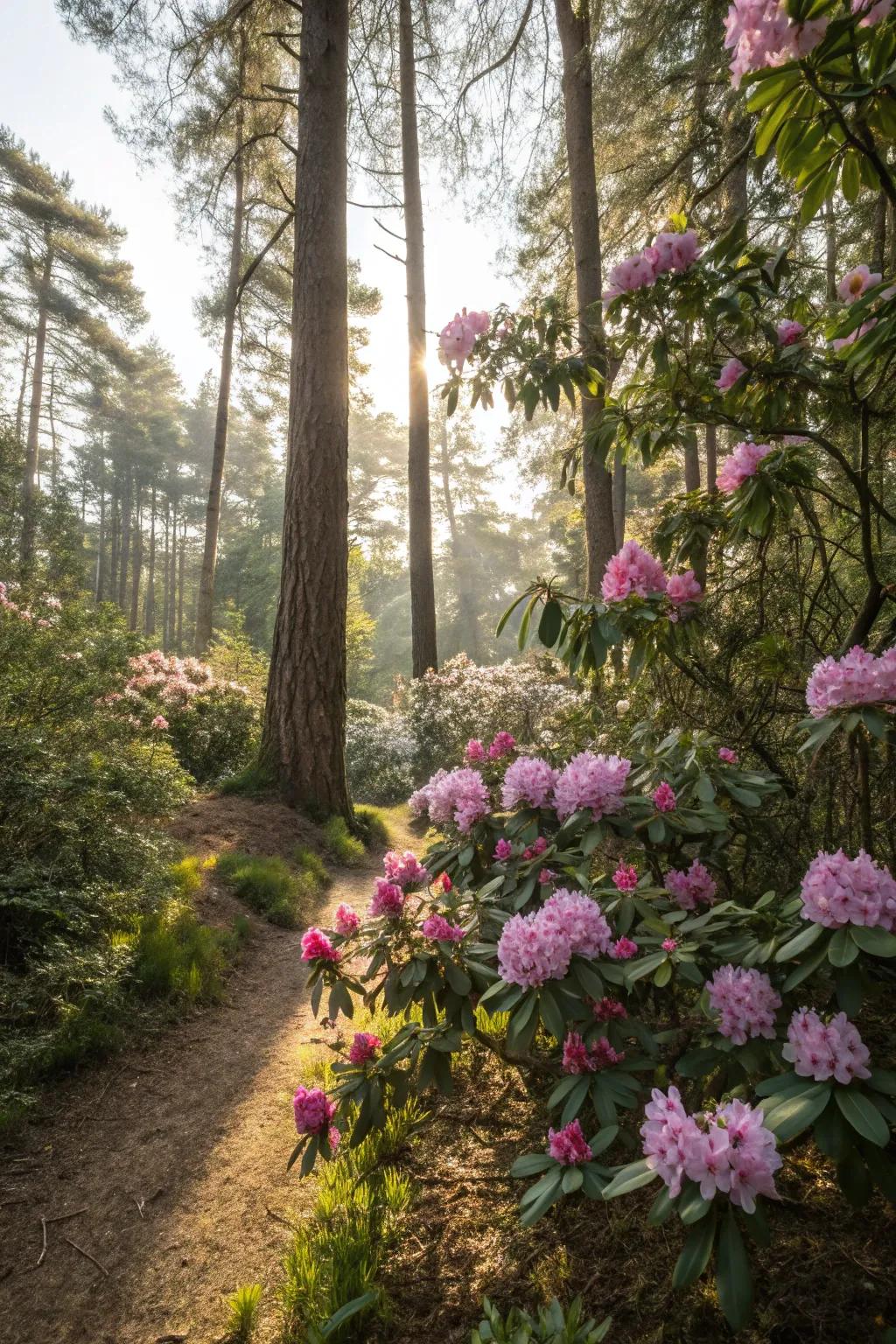 Rhododendrons nestled within a serene forest-inspired refuge.