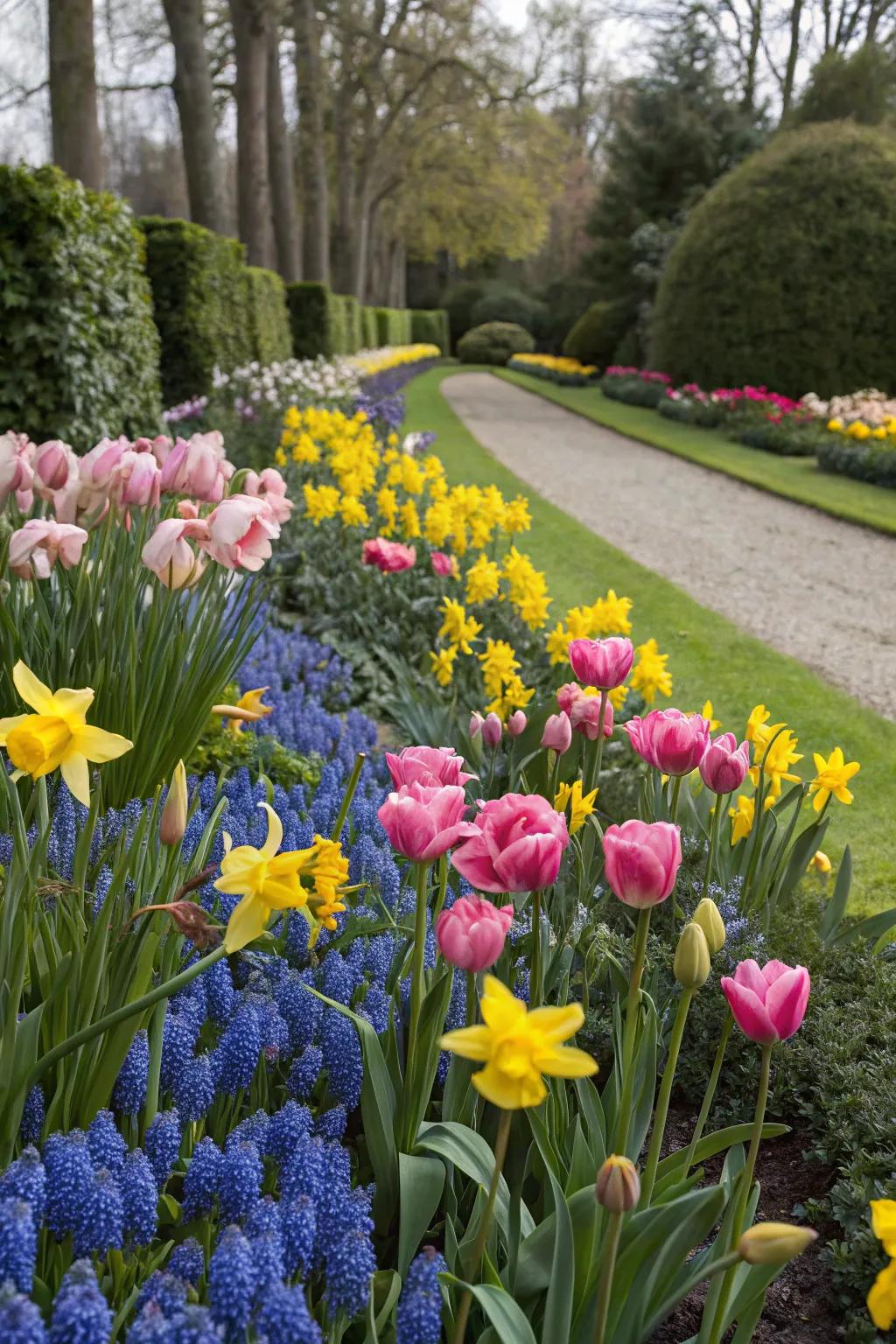 A vibrant garden ensemble featuring tulips, daffodils, and hyacinths for an exuberant spring spectacle.