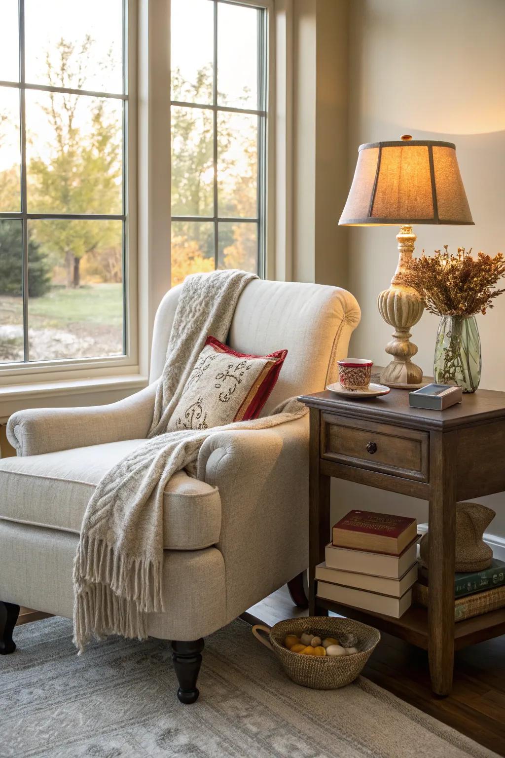 A tranquil reading space by the window, ideally suited for unwinding in the afternoon.
