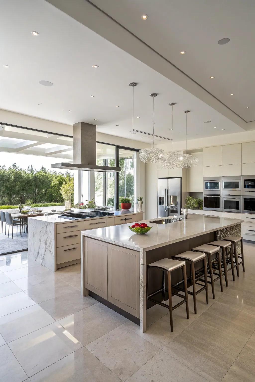 A kitchen featuring two expansive islands, tailored for cooking and dining activities.