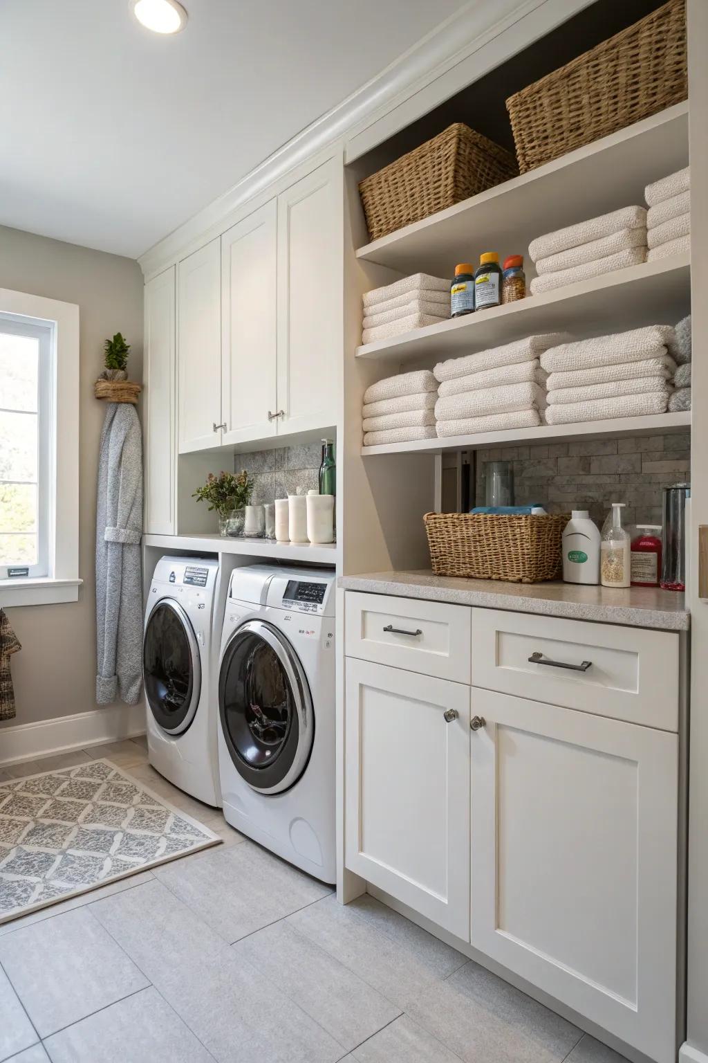 Efficient storage solutions in a large laundry room.
