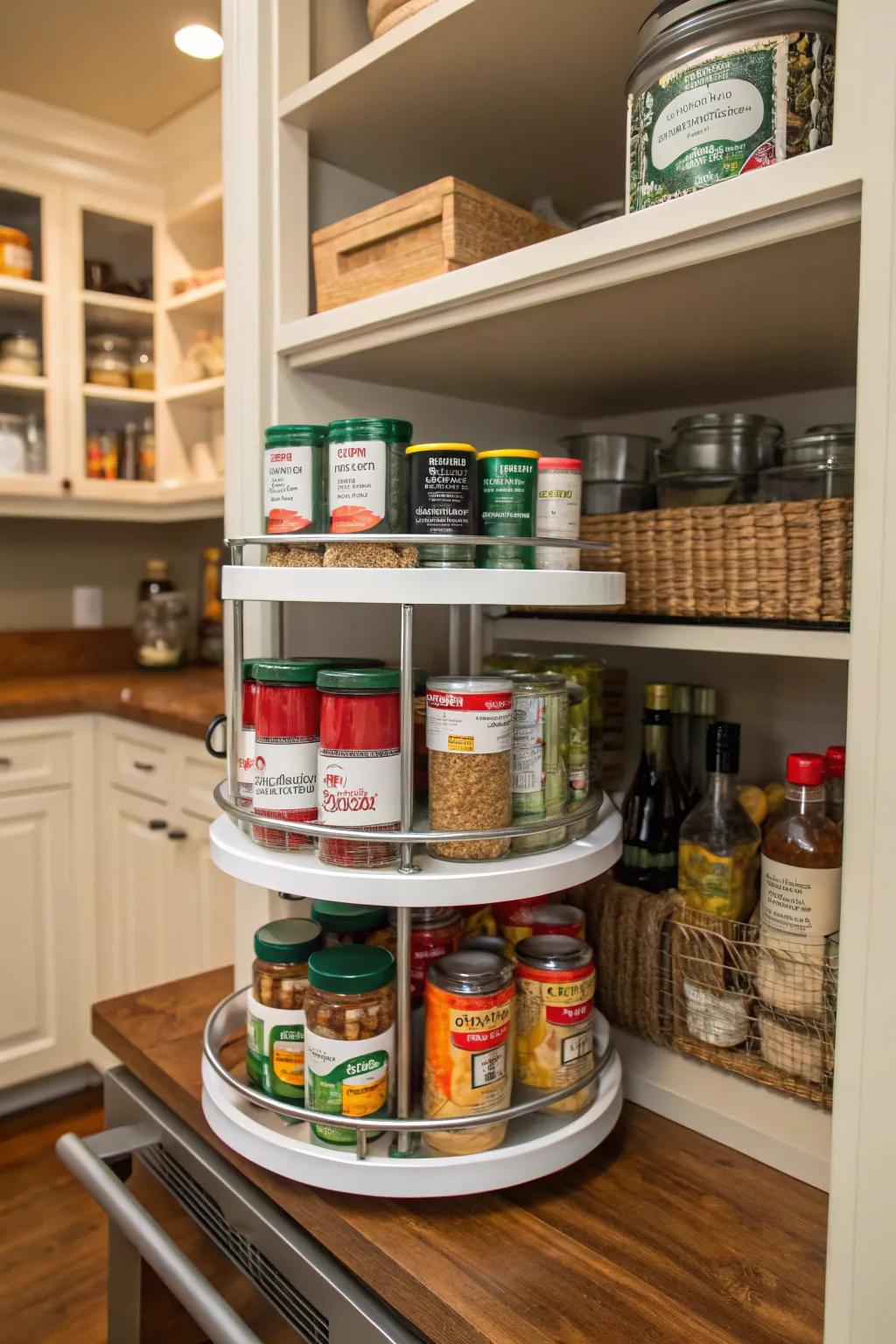 Maximize corner space with a handy rotating tray.
