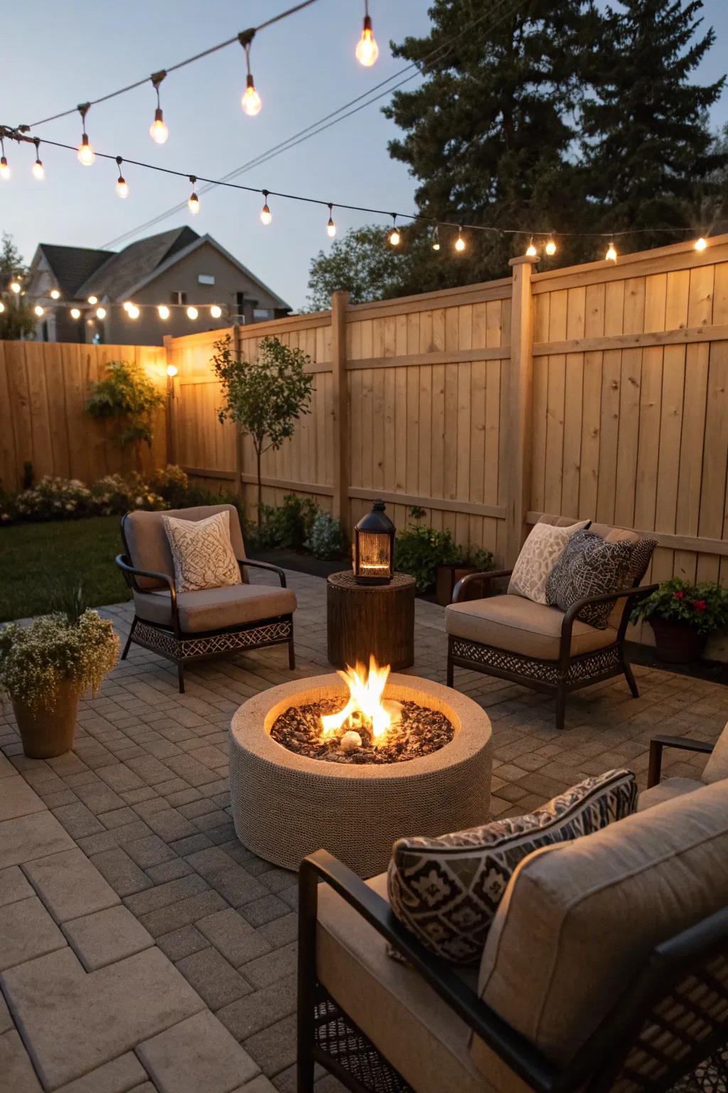 A cozy fire pit spot is perfect for evening chats.