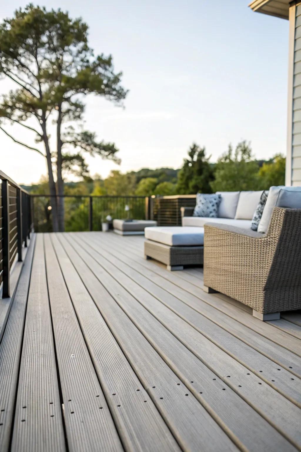 Horizontal slats introduce a contemporary nuance to this elegant deck.