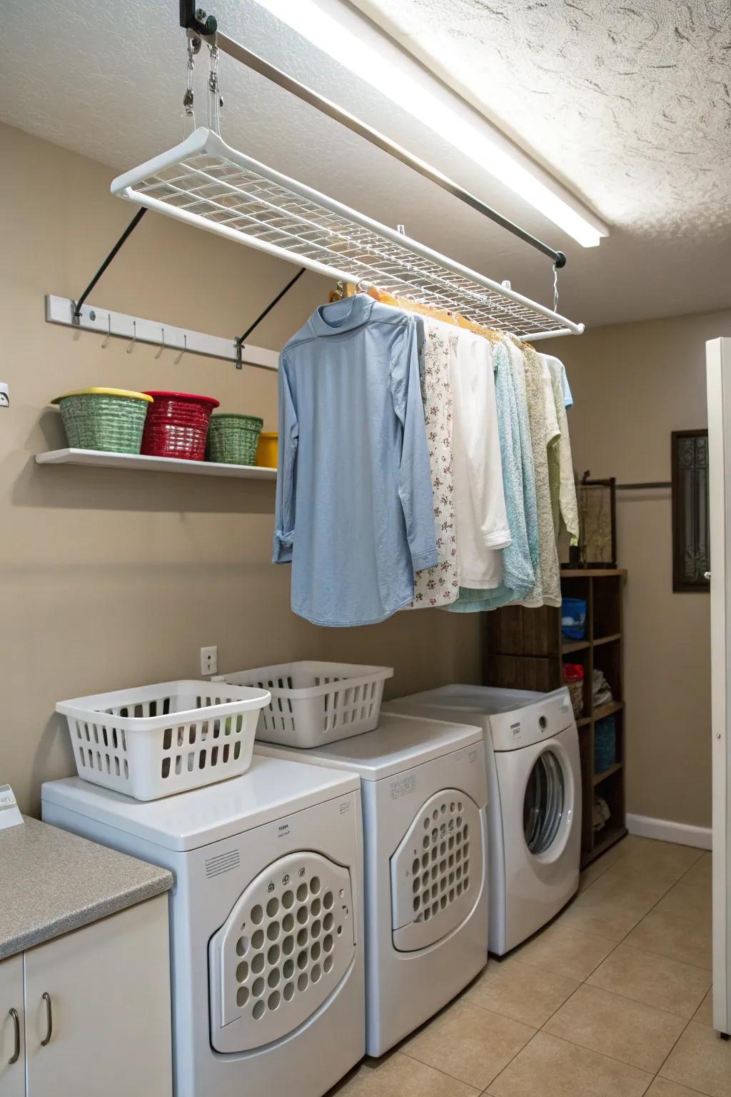 An elevated suspended shelf effectively using the ceiling space in a laundry area.