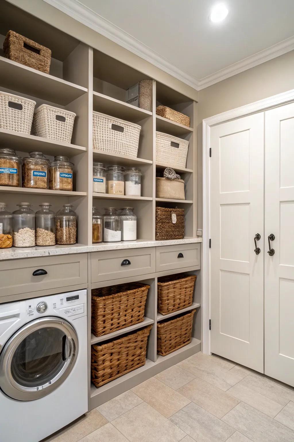 Smart storage solutions that include open shelves and chic baskets.