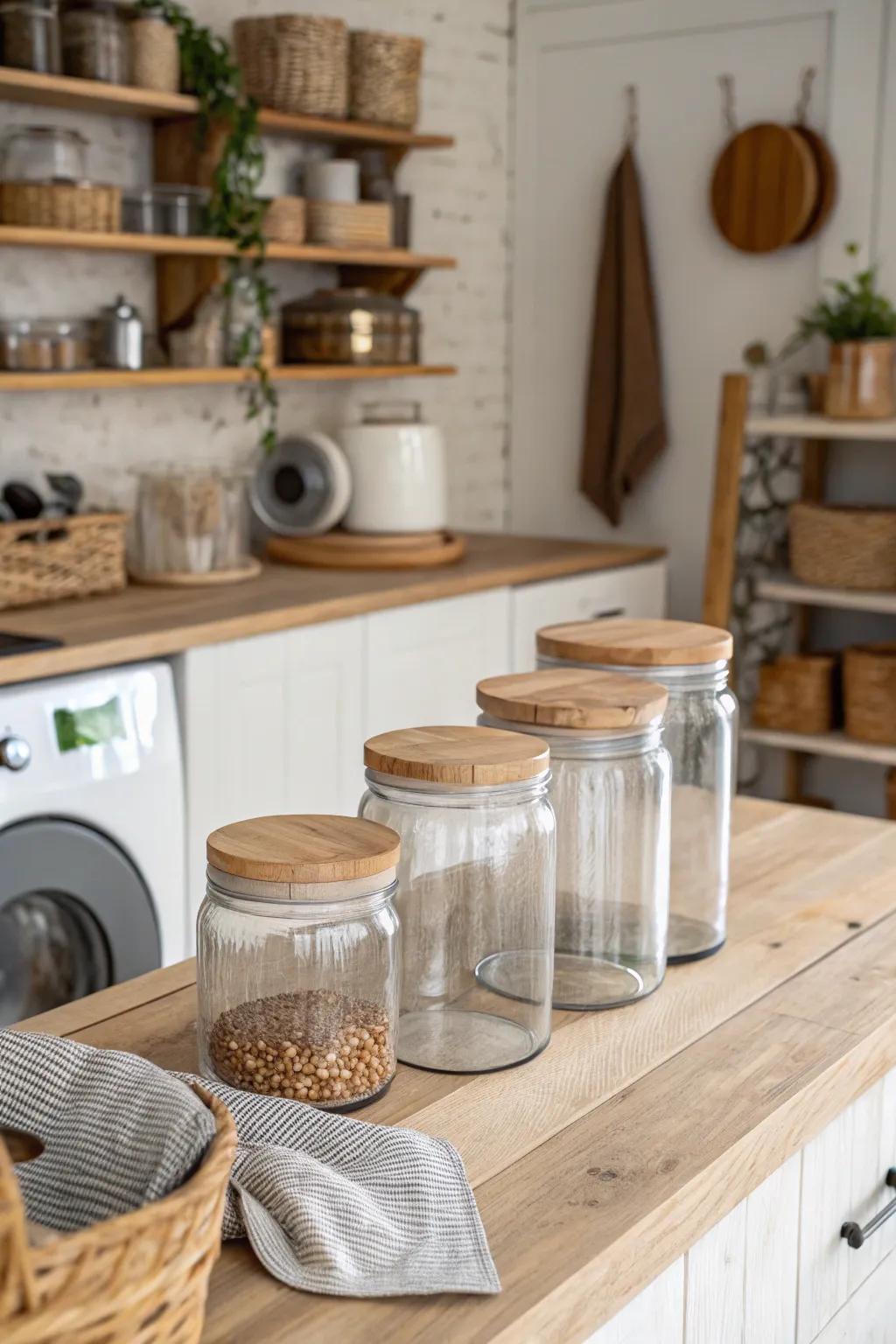 Timber fasteners impart a cottage charm to glass receptacles.