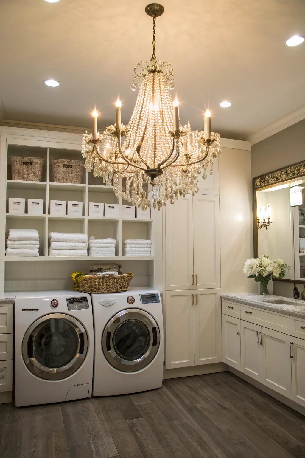 Your laundry room gains an unexpected touch of luxury from a chandelier.