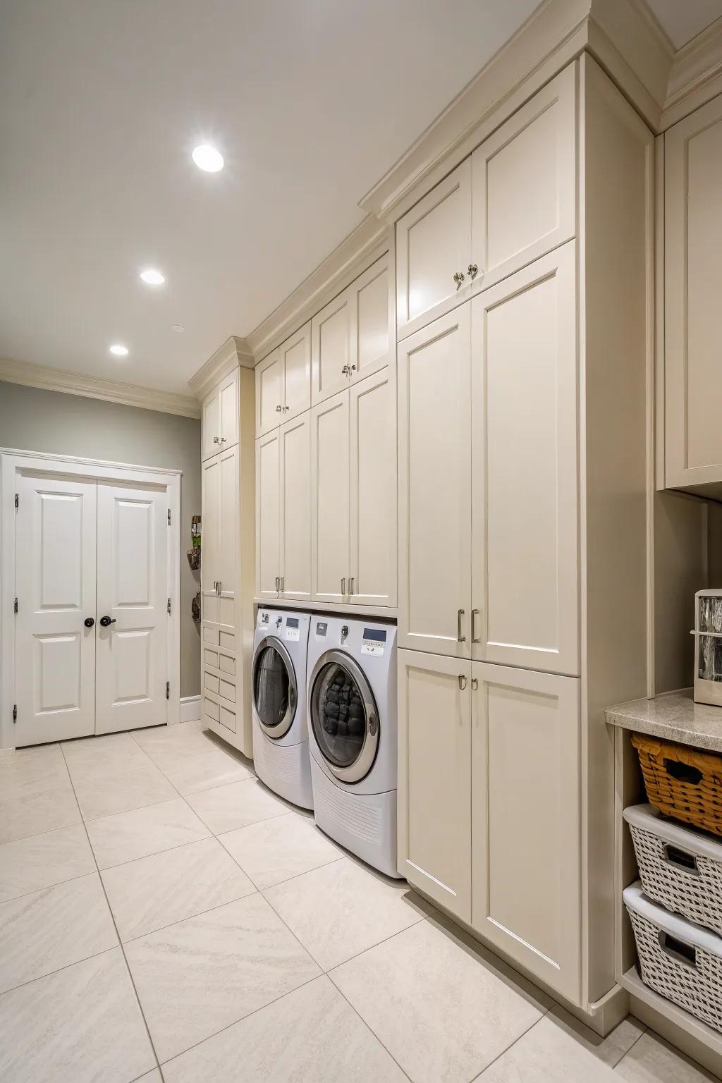 Lofty lockers optimize vertical space in this elegant laundry area.