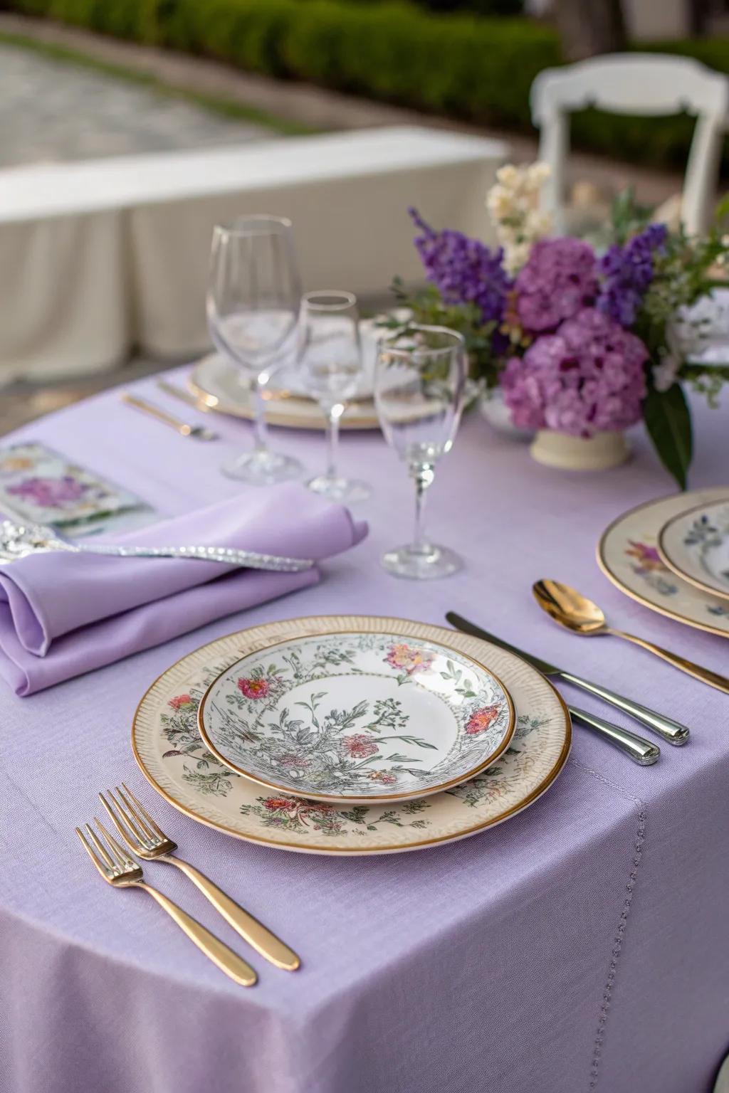 An elegant table arrangement that impeccably harmonizes lavender and silver accents.