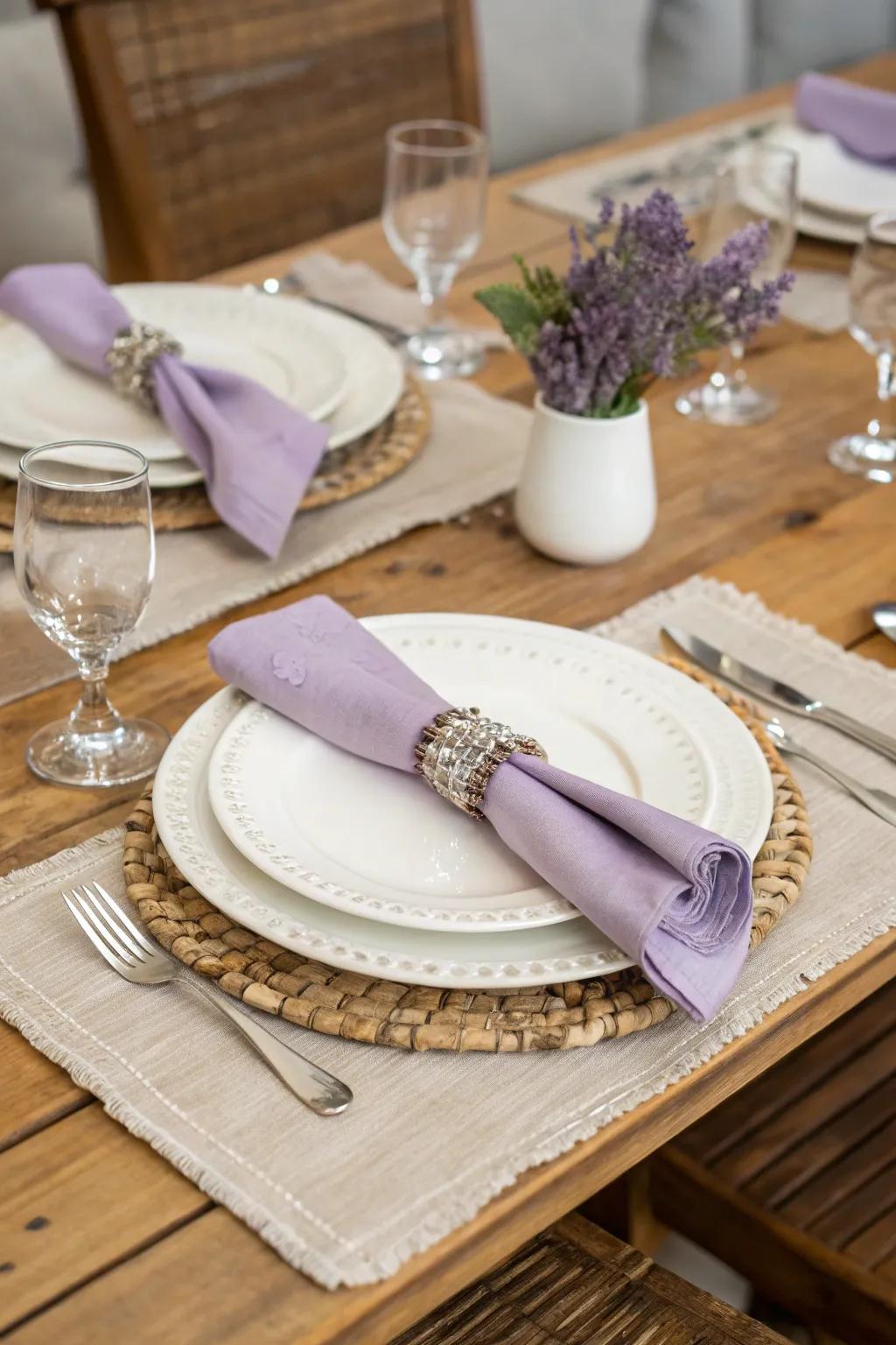 A table setting embellished with lavender, suitable for any special occasion.