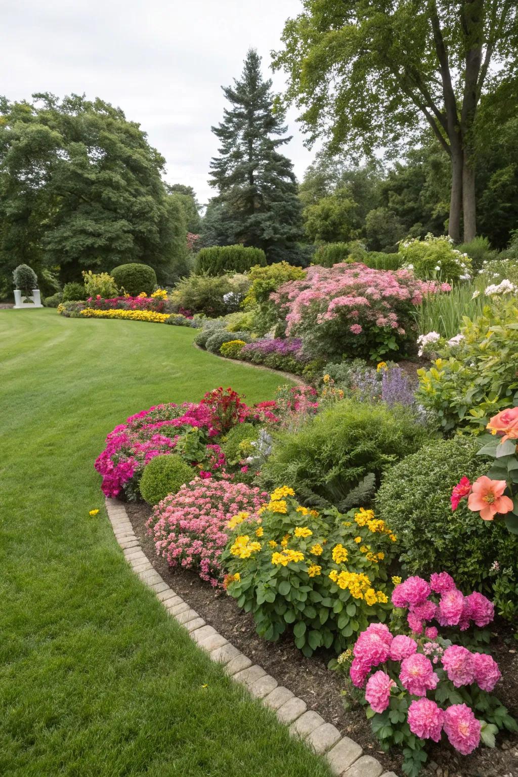 A vibrant display from flower beds that beautifully enhance the verdant lawn.