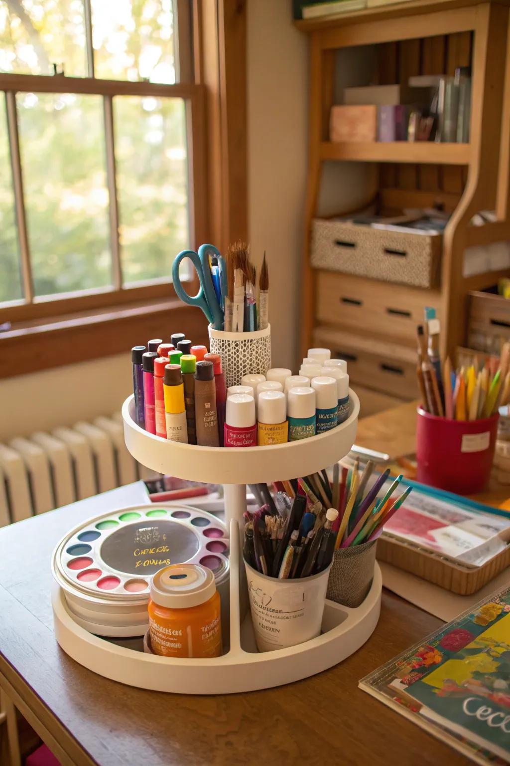 A creative corner that utilizes a spinning organizer to arrange artistic tools.