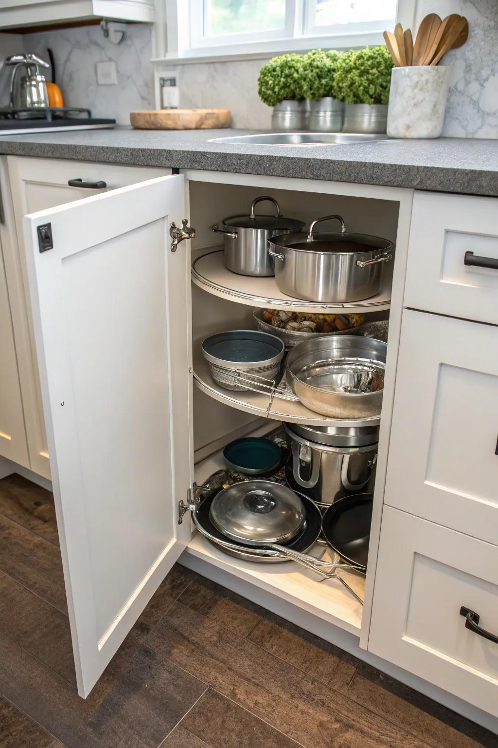 Make efficient use of corner cabinets for pots and pans by adding a Lazy Susan.