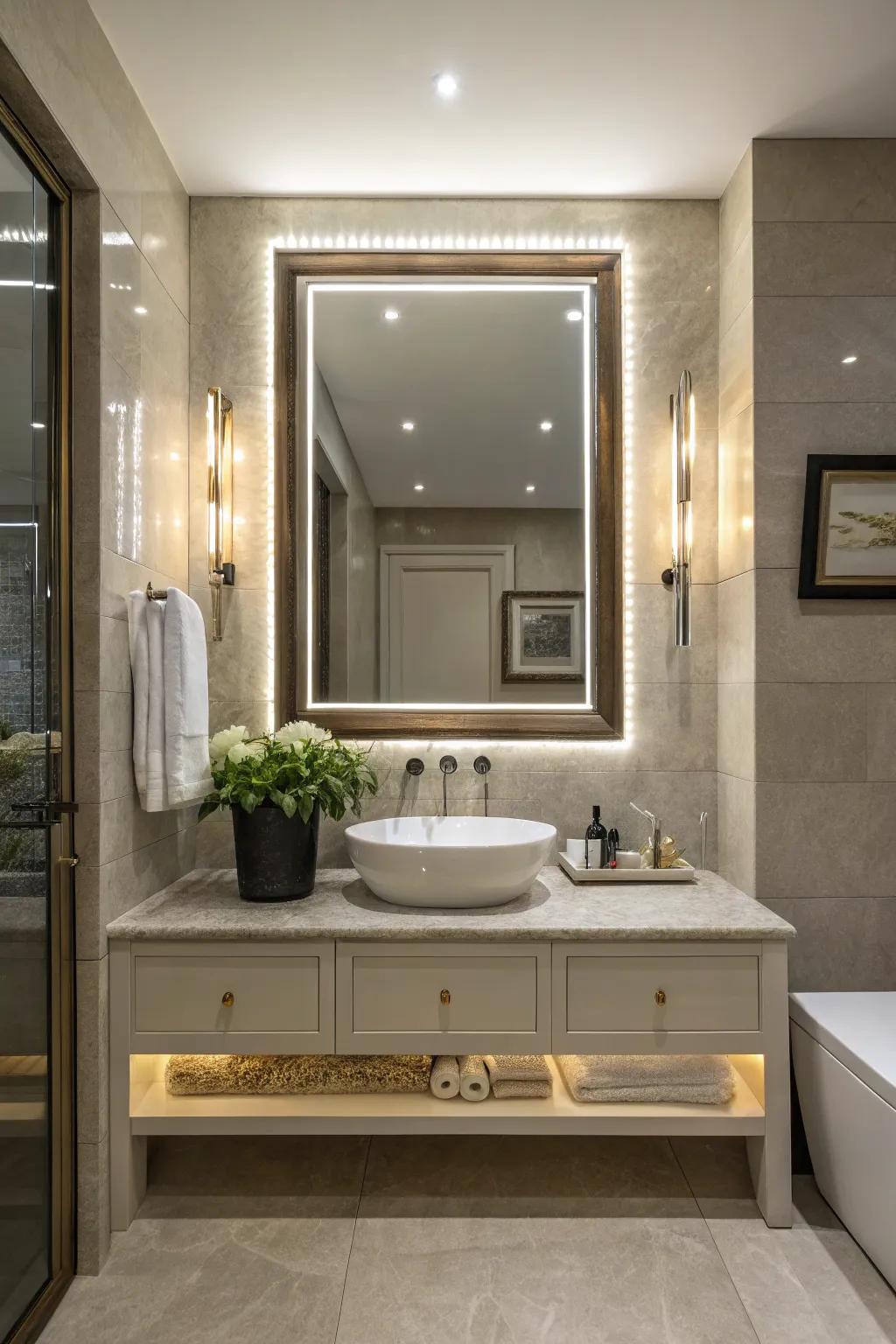 An illuminated mirror with a frame enhances the elegance of the bathroom space.
